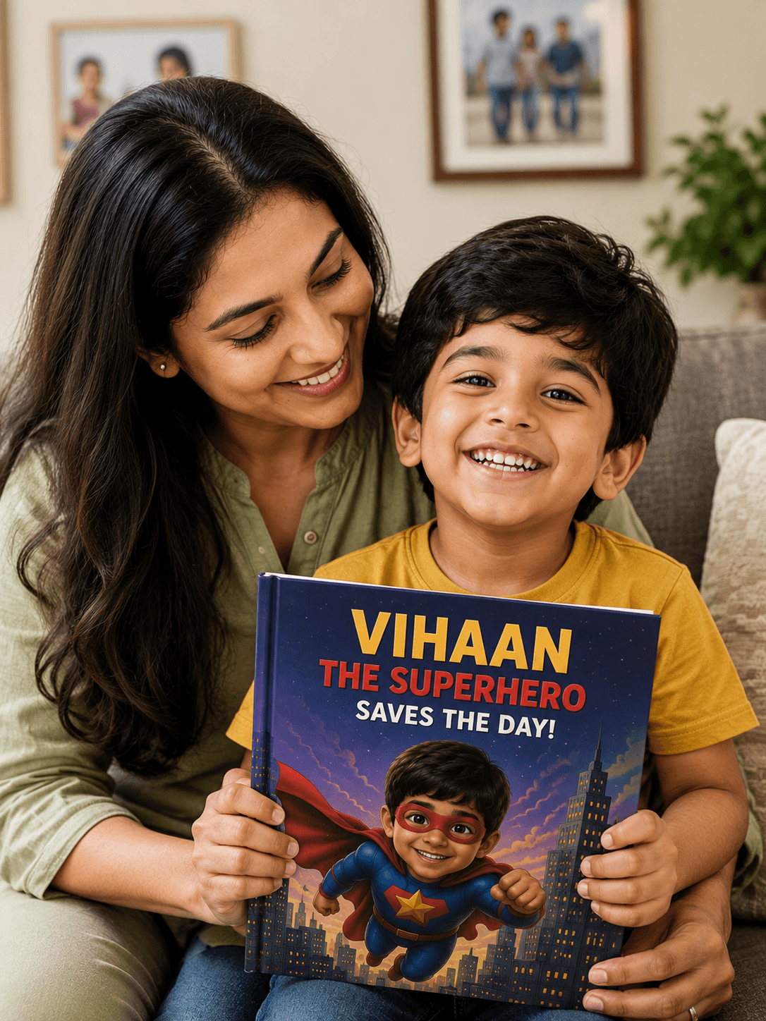 A parent and child smiling together while holding a personalized BunStories storybook